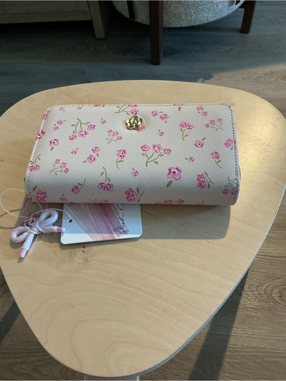 Cream Floral Wallet with Pink Rose Print